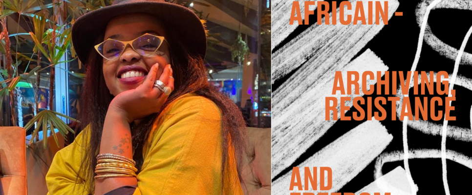 Frau mit Hut und Brille lächelnd, Text "Cinema Africain - Archiving Resistance and Freedom" daneben.
