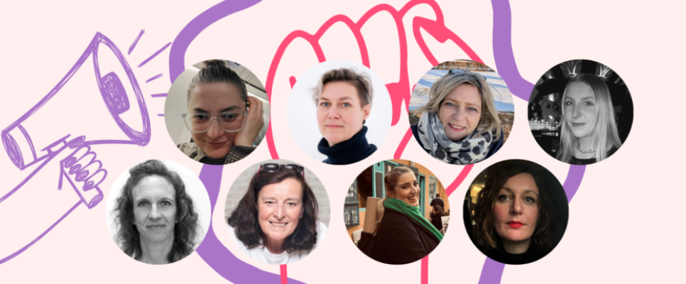 Grafik mit acht Frauenporträts vor feministischem Hintergrund aus Megafon und Faust.