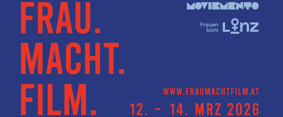Frau.Macht.Film. 12.-14. März 2026, blaue Hintergrund, rote Schrift.