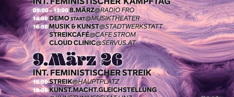 8. März Veranstaltungen, feministische Aktionen, lila Hintergrund, Logos unten.