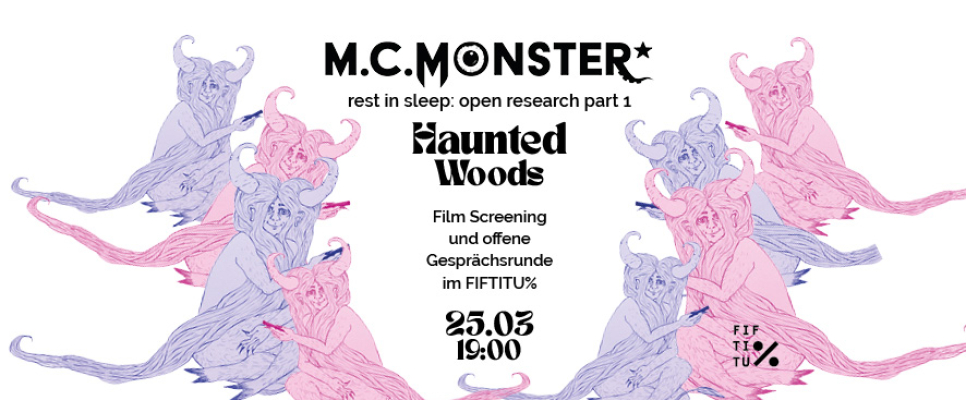 Grafik mit rosa und lila Monstern, Textdetails zu einer Veranstaltung am 25.03 um 18:00 Uhr.