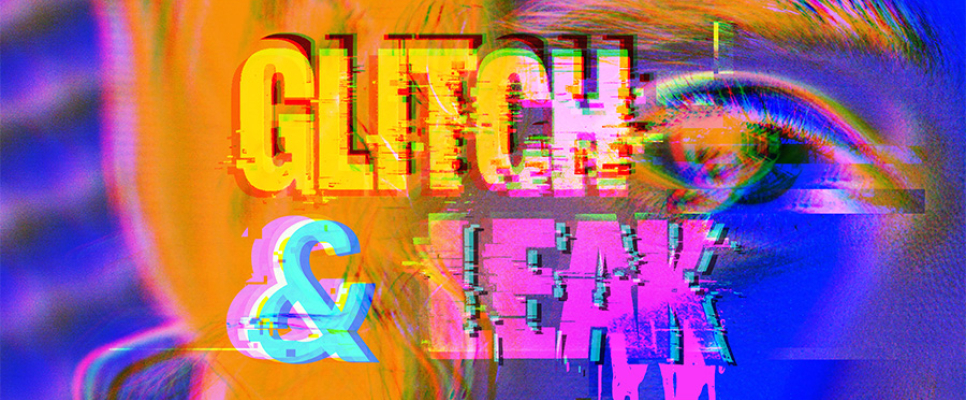 Verpixeltes Logo mit Text "GLITCH & LEAK", bunte Farben.