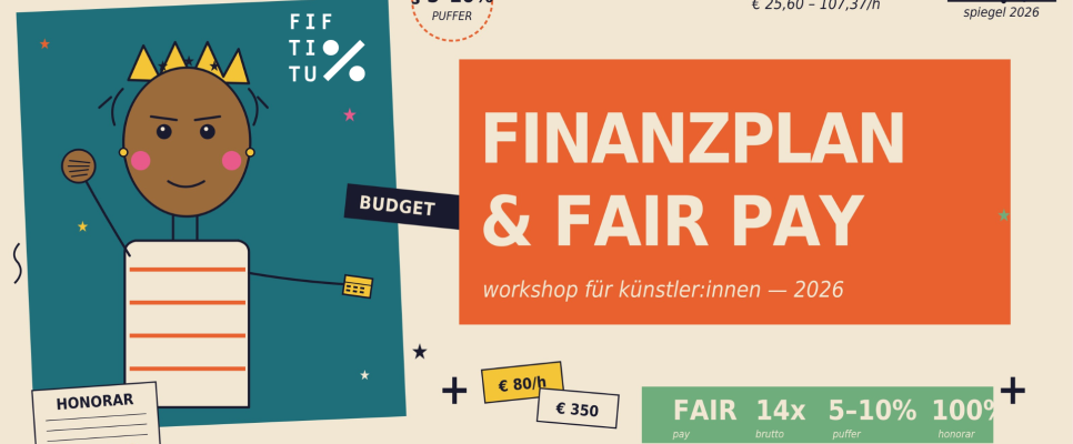 Finanzplan & Fair Pay Workshop-Ankündigung, bunte Grafik mit Person und Text.