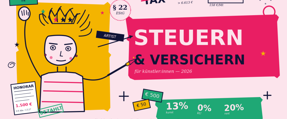 Grafik: Bunte Zeichnung einer Person mit Krone, Text "Steuern & Versichern".