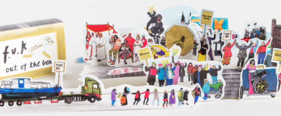 Bunte Illustration von Protesten mit Schildern, Figuren, einem Truck und einer Box.