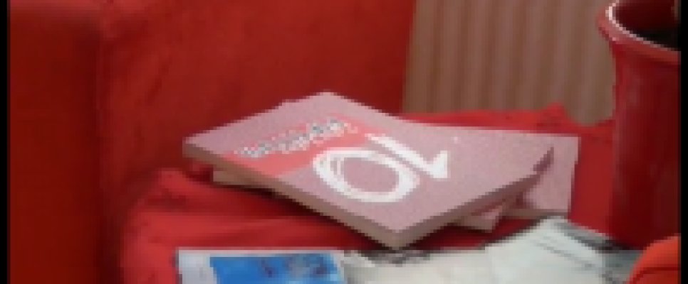 Rotes Sofa mit Büchern und Tassen auf einem Tisch.