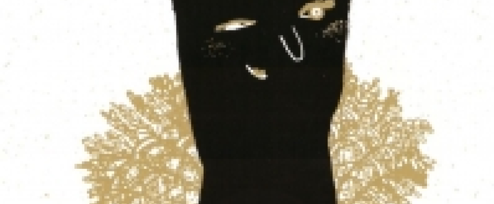Plakat mit schwarzem Handsymbol, goldenen Blumen und Text.