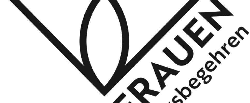 Schwarzes Logo mit zwei überlappenden Halbkreisen, Text: "Frauen* Volksbegehren".