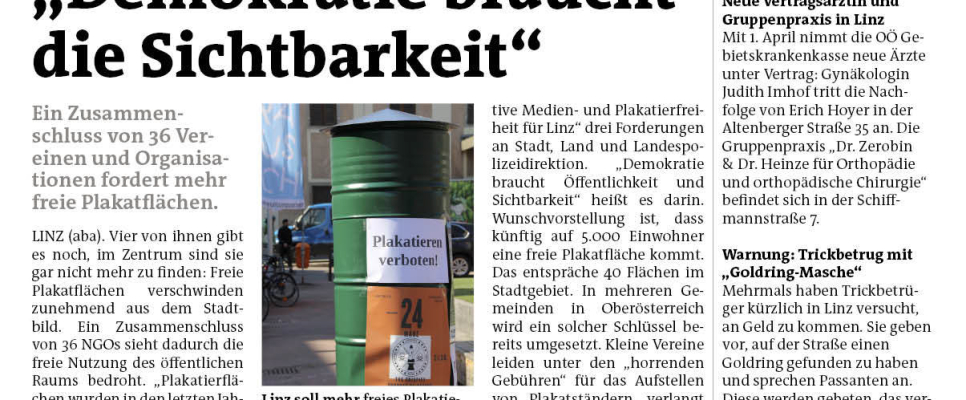 Zeitungsartikel über Plakatflächen in Linz mit Foto eines grünen Plakatsäule.