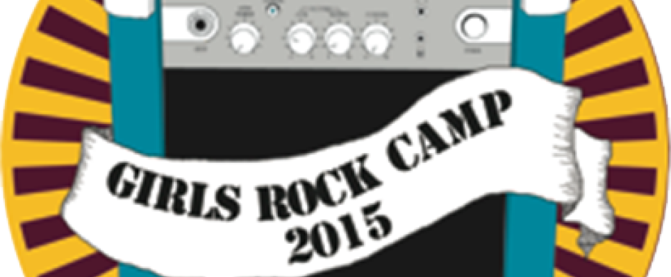 Logo mit Gitarrenverstärker, Schriftzug "Girls Rock Camp 2015".