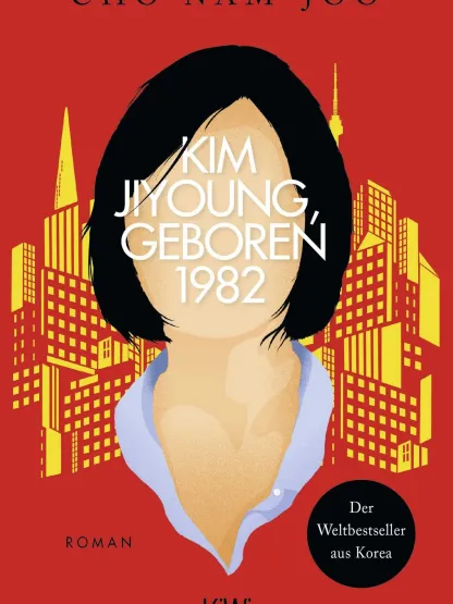 Buchcover in Rot mit Silhouette einer Frau, gelbe Hochhäuser im Hintergrund.