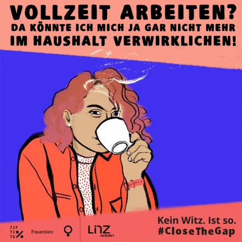Farbige Grafik einer Frau mit Tasse, ironischer Text über Vollzeitarbeit.