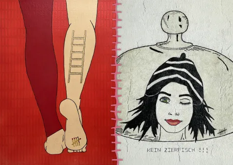 Grafik: Linkes Bein mit Strichliste. Rechts Frau unter Glasglocke mit "Kein Zierfisch!!!".