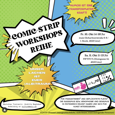 Comic-Strip-Workshops mit bunten Sprechblasen und Veranstaltungsdetails.