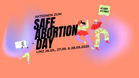 Buntes Plakat für Safe Abortion Day in Linz, 26.-28.09.2025, mit tanzenden Figuren.