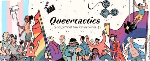 Illustration mit fröhlichen Menschen, Regenbogenflagge und Filmausrüstung, "Queertactics".