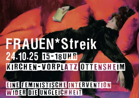 Frau in schwarzer Kleidung liegt auf rotem Sofa, hält Buch. Text: FRAUEN*Streik, Termininfo.