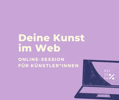 Lila Grafik mit Text: "Deine Kunst im Web". Laptop im unteren Bereich.