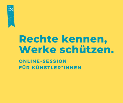 „Rechte kennen, Werke schützen.“ Online-Session-Ankündigung auf gelbem Hintergrund.