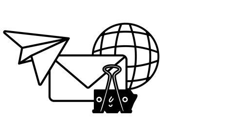 Papierflieger, Brief und Weltkugel-Symbol in Schwarz-Weiß.