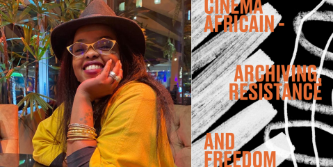 Frau mit Hut und Brille lächelnd, Text "Cinema Africain - Archiving Resistance and Freedom" daneben.