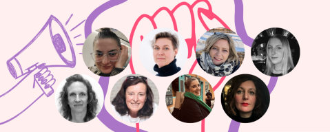 Grafik mit acht Frauenporträts vor feministischem Hintergrund aus Megafon und Faust.