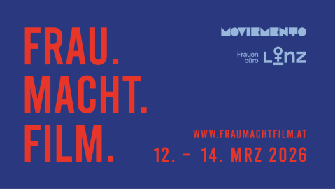 Frau.Macht.Film. 12.-14. März 2026, blaue Hintergrund, rote Schrift.