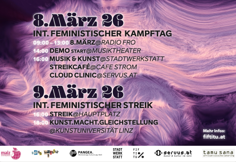 8. März Veranstaltungen, feministische Aktionen, lila Hintergrund, Logos unten.