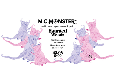 Grafik mit rosa und lila Monstern, Textdetails zu einer Veranstaltung am 25.03 um 18:00 Uhr.