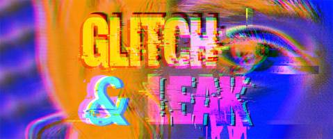 Verpixeltes Logo mit Text "GLITCH & LEAK", bunte Farben.