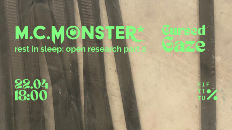 Grafik mit Text "M.C. MONSTER", "Cursed Gaze", Datum "22.04", Zeit "18:00", grüner Schrift.