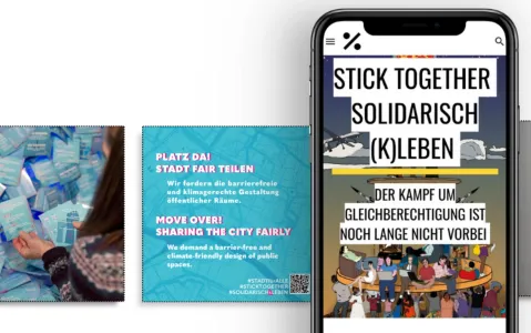 Smartphone mit feministischen Postern, Text: "Stick Together Solidarisch (K)leben."