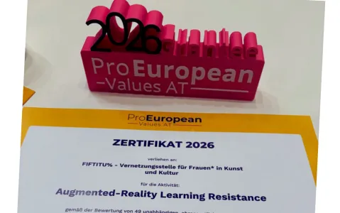 Zertifikat mit Schriftzug "ProEuropean Values AT" und rosa 3D-Logo "2026 grantee".