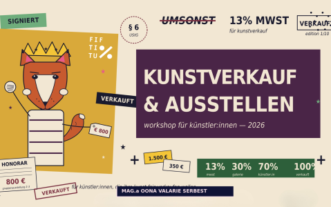 Kunstverkauf-Werbung mit Fuchs-Illustration und Infotexten zu Preisen und Workshops.