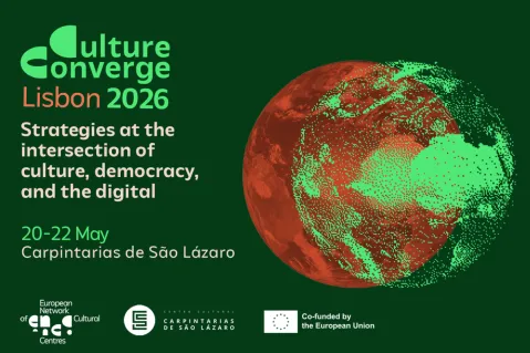 Logo: Culture Converge, Lissabon 2026 in grüner Schrift mit rotem Punktmuster.