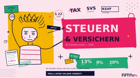 Grafik: Bunte Zeichnung einer Person mit Krone, Text "Steuern & Versichern".