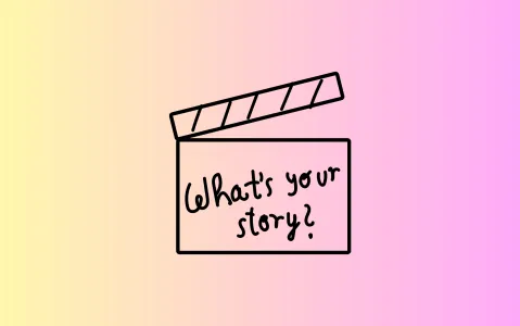 Filmklappe mit "What's your story?" auf pastellfarbenem Hintergrund.