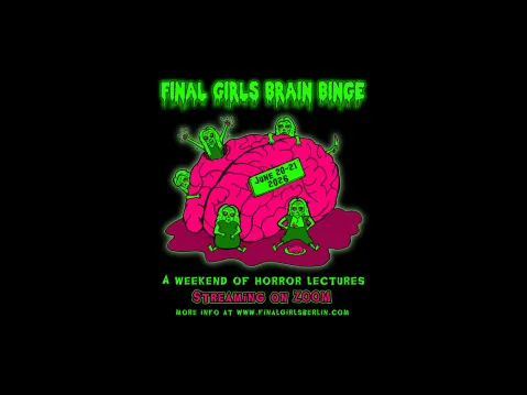 Final Girls Logo: Grüne Monster umgeben ein pinkes Gehirn mit grüner Schrift auf schwarzem Hintergrund.