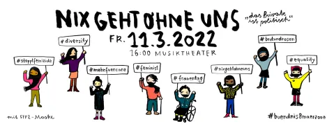 Cartoon von fröhlichen Menschen mit Bannern, Text oben und Datum.