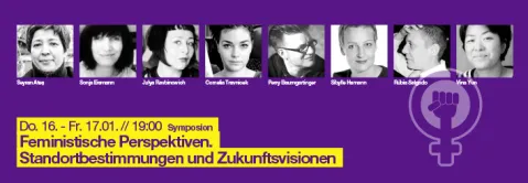 Schwarz-weiße Porträtfotos von sieben Personen auf lila Hintergrund.