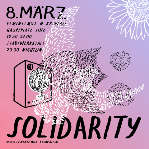 Bunter Hintergrund mit stilisierten Blumen und Lautsprecher, Text "Solidarity".