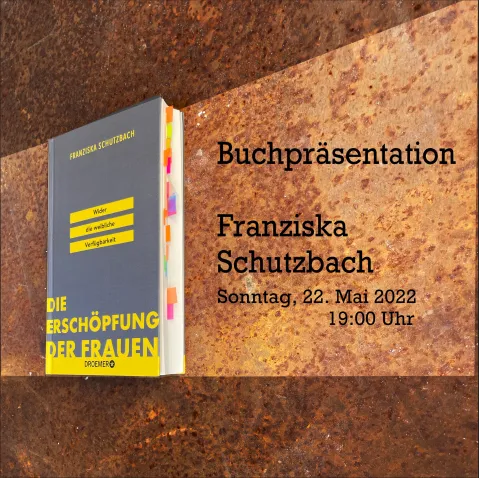 Buchcover auf braunem Hintergrund mit Präsentationsdetails.