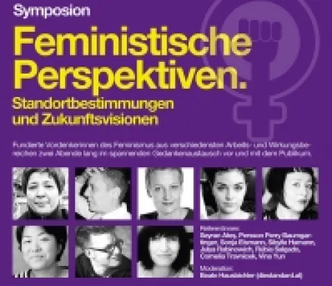 Lila Plakat mit Porträtfotos und Text zu feministischen Perspektiven.