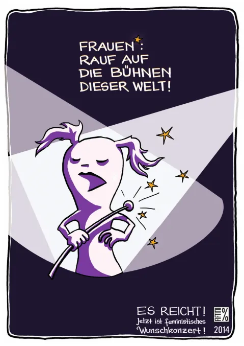 Grafik einer Figur mit Mikrofon, lila Bühne, Lichter und Sterne.