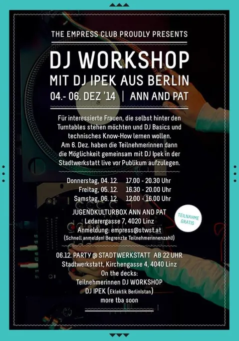 DJ-Workshop-Plakat mit Veranstaltungsdetails, dunkler Hintergrund, türkisfarbener Rand.