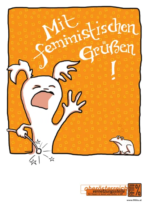 Comic-Figur mit aufgeregtem Gesichtsausdruck auf orangefarbenem Hintergrund.