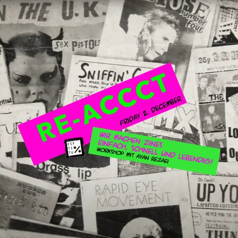 Collage aus Punk-Zine-Covern mit pink-grünem Bannertext.