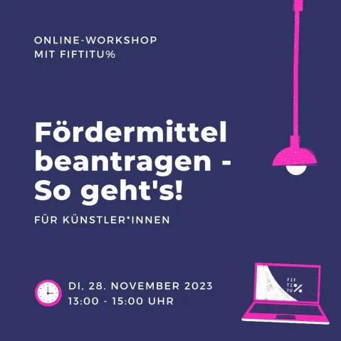 Online-Workshop-Werbung mit Lampe und Laptop-Symbolen, 28. November 2023, 13:00–15:00 Uhr.