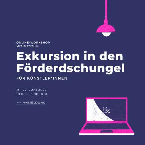 Online-Workshop-Ankündigung, rosa Schrift und Laptop auf dunkelblauem Hintergrund.