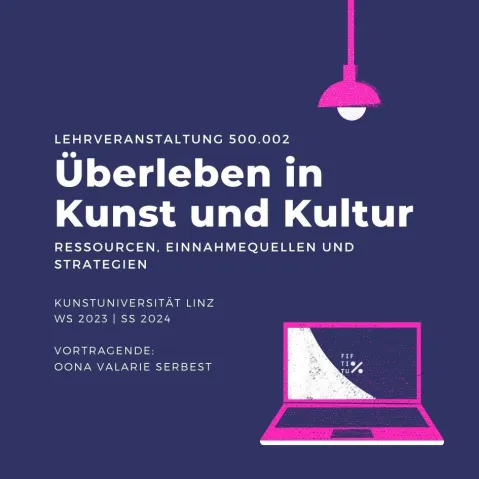 Lehrveranstaltungsplakat mit Laptop und rosafarbener Lampe auf dunkelblauem Hintergrund.